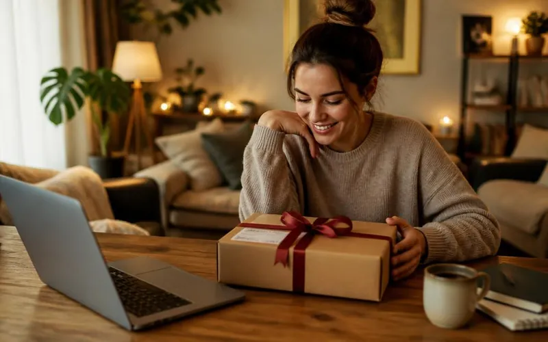 Pakketje met lint op een tafel thuis — sfeerbeeld bij de bol Cadeaukaart