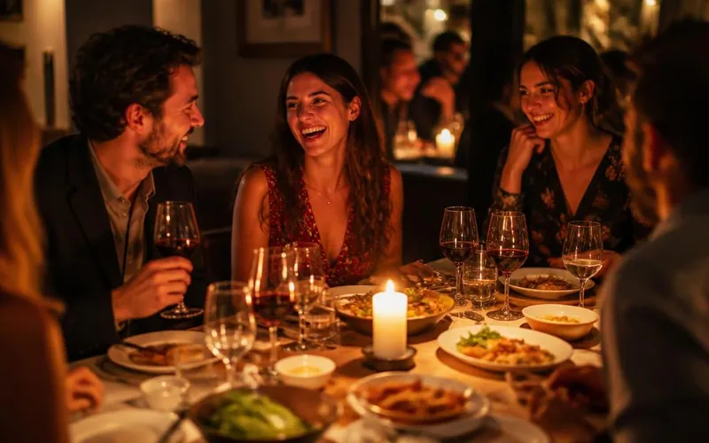 Vrienden lachen aan een gedekte tafel in een restaurant — sfeerbeeld bij de Dinnercheque