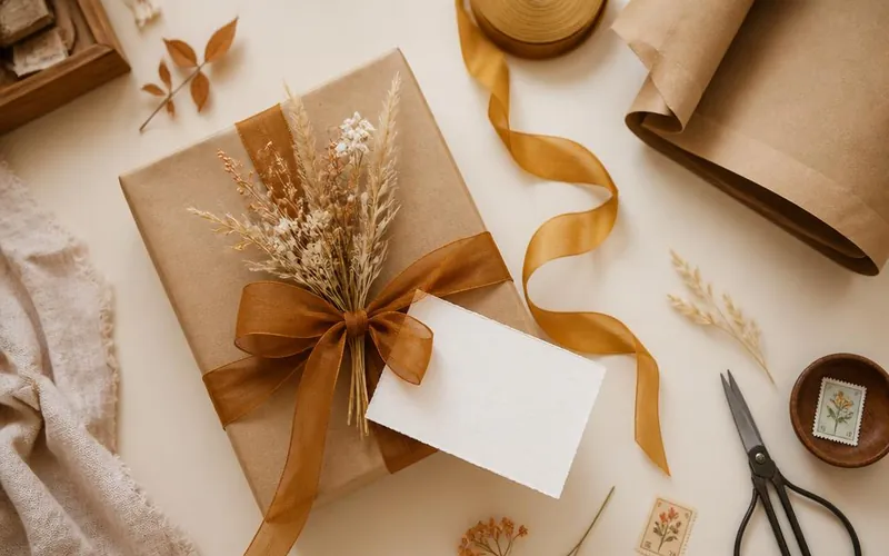 Ingepakt cadeau met amberkleurig lint en een blanco kaartje — sfeerbeeld bij de VVV Cadeaukaart