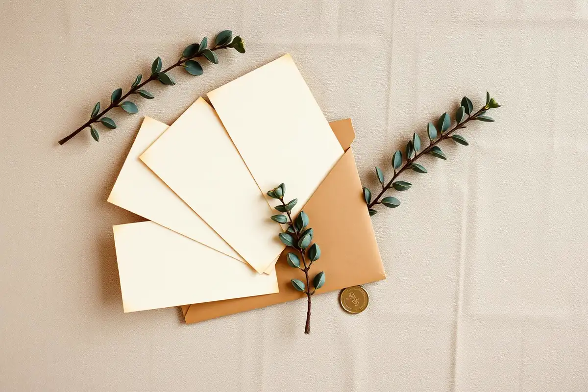 Cremekleurige cadeaukaarten uitgewaaierd op linnen met eucalyptustakjes