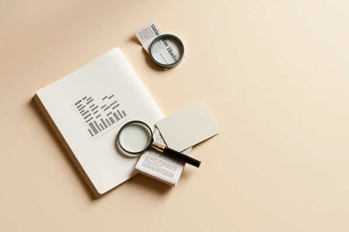 Redactionele stilleven met open notitieboek, grafiek en vergrootglas